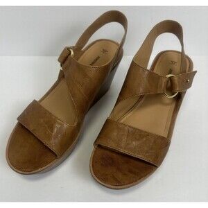 Johnston and Murphy Brown Leather Open Toe Wedges Wooden Heel Gold Buckle Sz 10